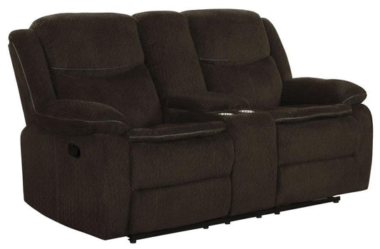 Jennings Upholstered Motion Loveseat with Console Brown