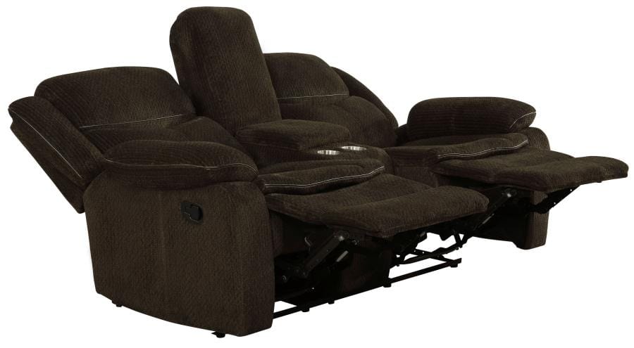 Jennings Upholstered Motion Loveseat with Console Brown