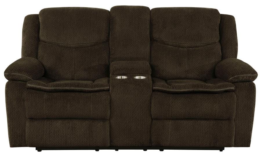 Jennings Upholstered Motion Loveseat with Console Brown