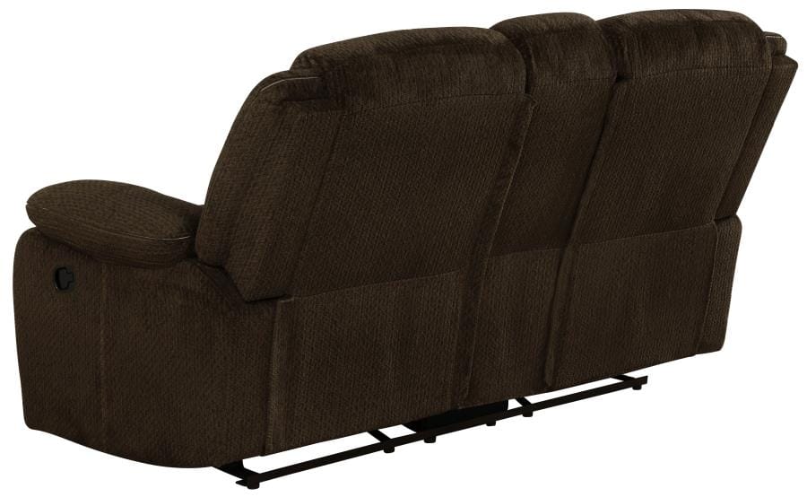 Jennings Upholstered Motion Loveseat with Console Brown