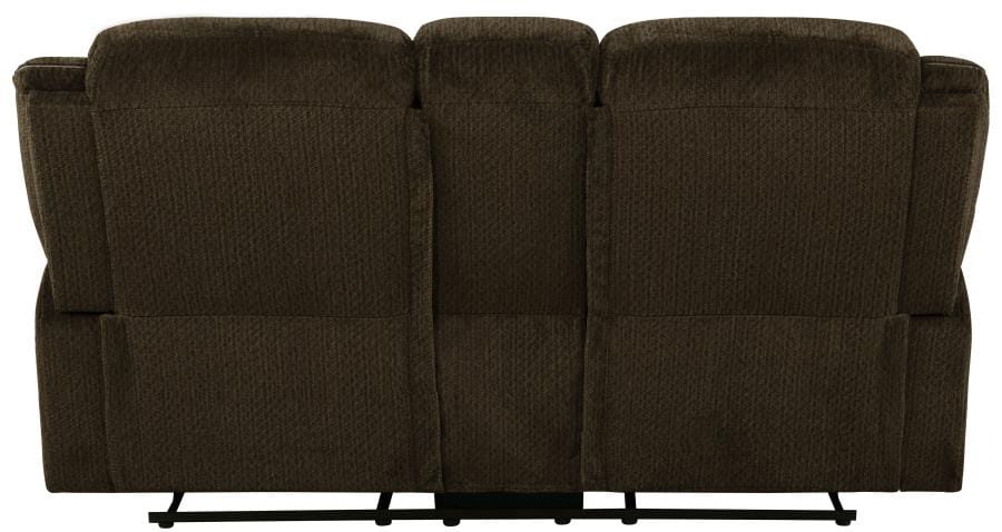 Jennings Upholstered Motion Loveseat with Console Brown