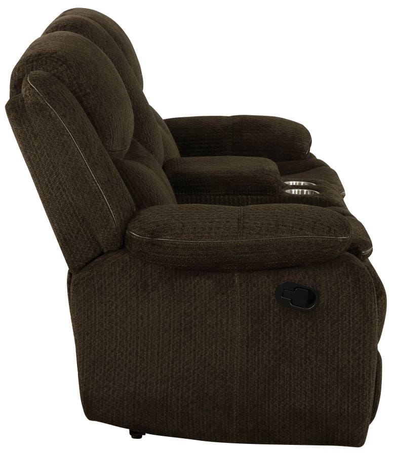 Jennings Upholstered Motion Loveseat with Console Brown