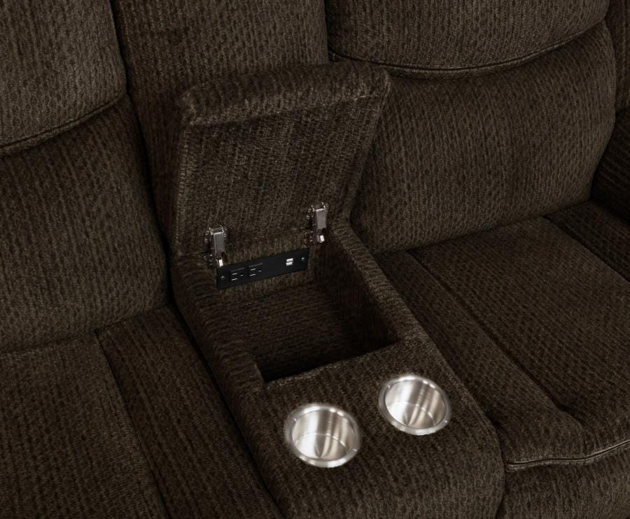 Jennings Upholstered Motion Loveseat with Console Brown