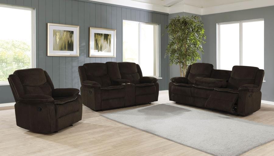 Jennings Upholstered Motion Loveseat with Console Brown