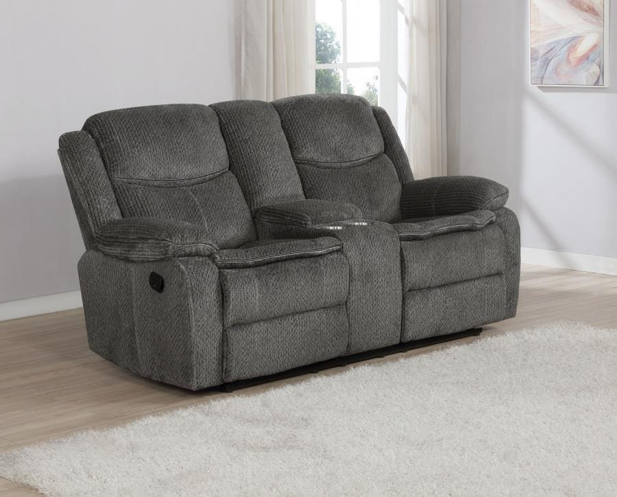 Jennings Upholstered Motion Loveseat with Console Charcoal