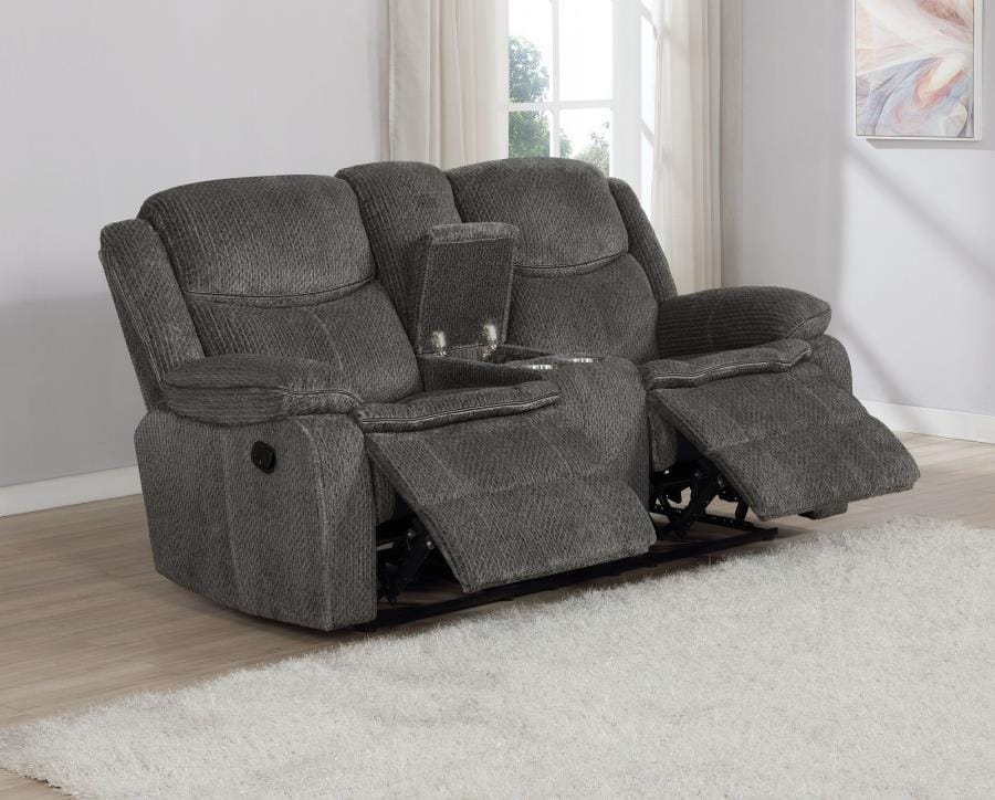 Jennings Upholstered Motion Loveseat with Console Charcoal