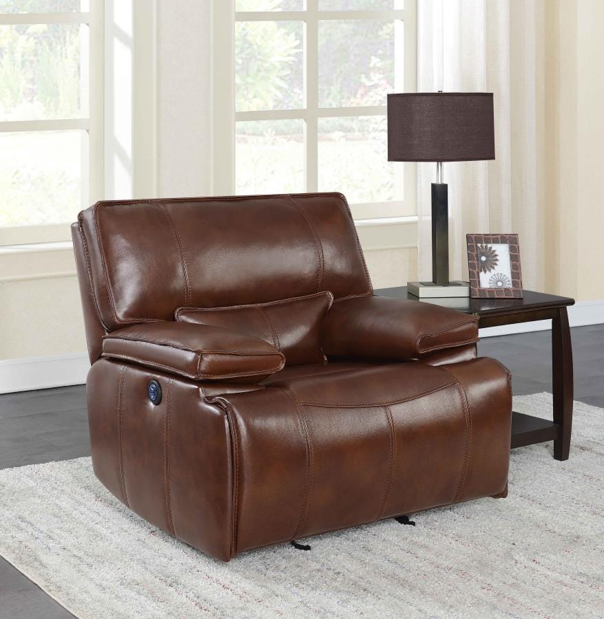 Southwick Pillow Top Arm Power Glider Recliner Saddle Brown