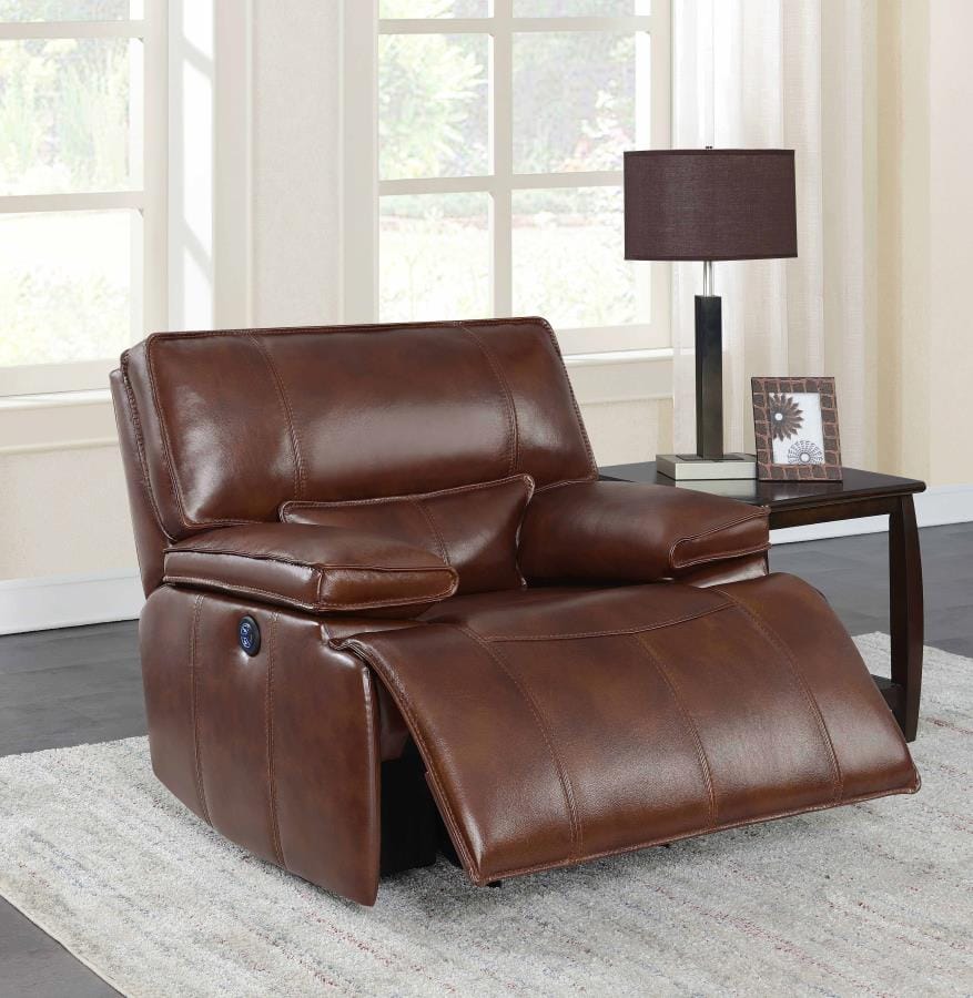 Southwick Pillow Top Arm Power Glider Recliner Saddle Brown