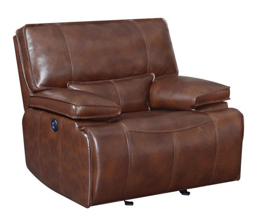 Southwick Pillow Top Arm Power Glider Recliner Saddle Brown