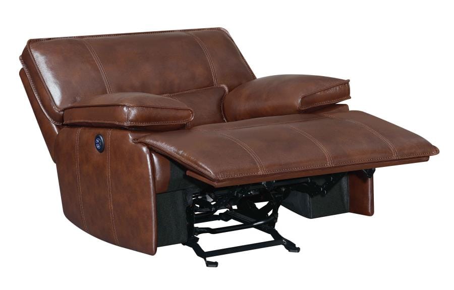 Southwick Pillow Top Arm Power Glider Recliner Saddle Brown