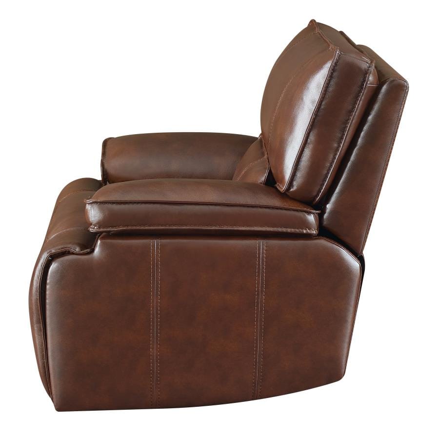 Southwick Pillow Top Arm Power Glider Recliner Saddle Brown