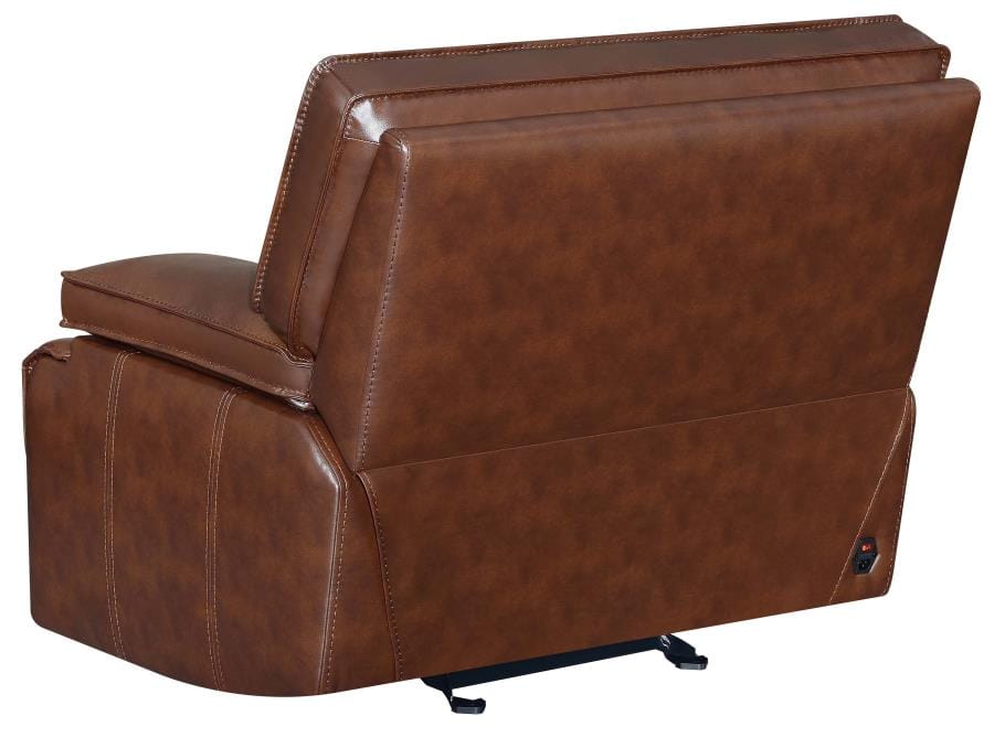 Southwick Pillow Top Arm Power Glider Recliner Saddle Brown