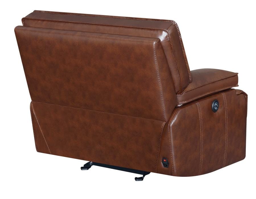 Southwick Pillow Top Arm Power Glider Recliner Saddle Brown