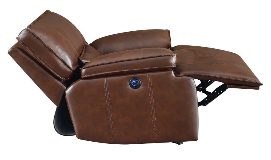 Southwick Pillow Top Arm Power Glider Recliner Saddle Brown