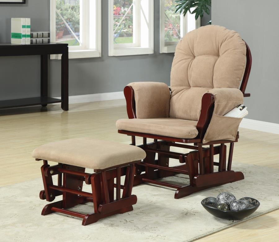 Maribel Upholstered Glider Rocker with Ottoman Tan