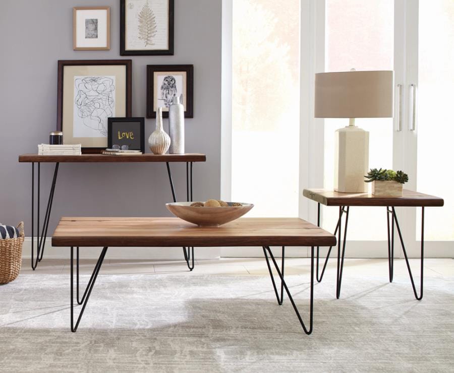 Coffee Table with Hairpin Legs Natural Honey and Gunmetal