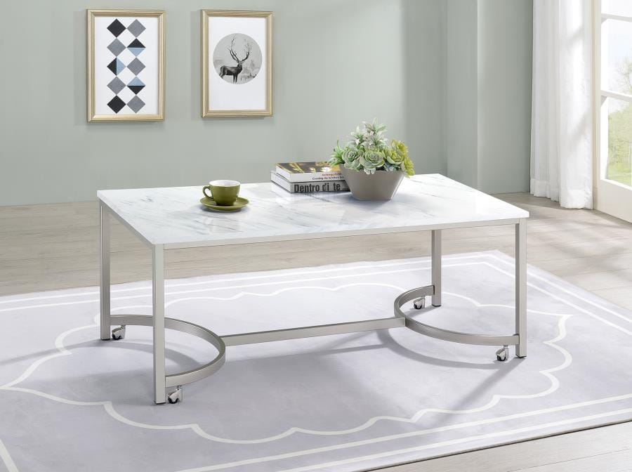 Leona Coffee Table with Casters White and Satin Nickel