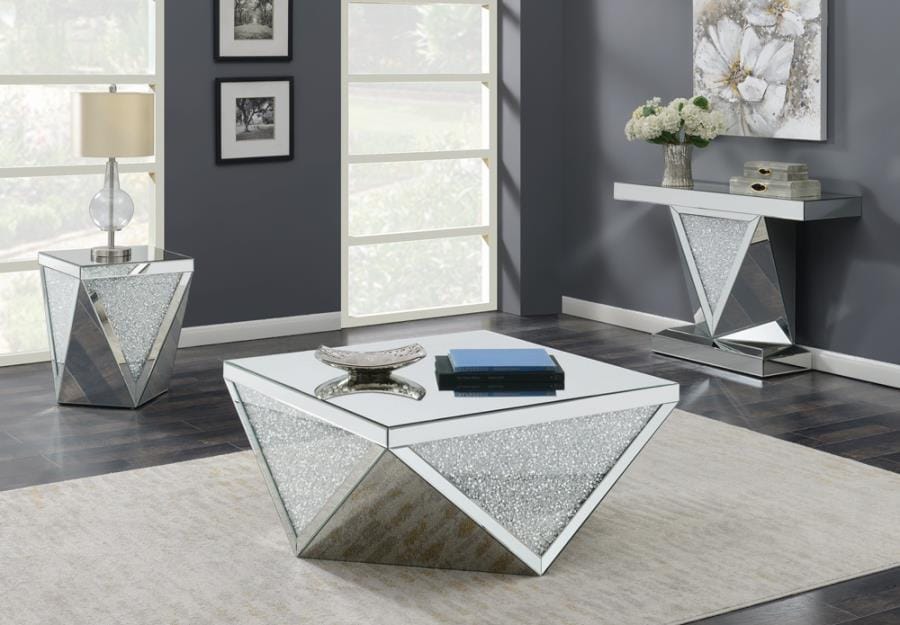 Amore Square End Table with Triangle Detailing Silver and Clear Mirror