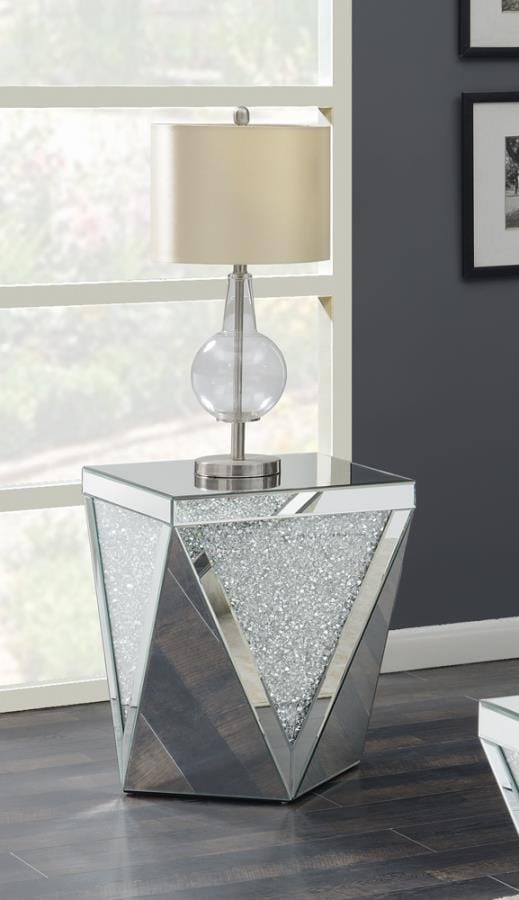 Amore Square End Table with Triangle Detailing Silver and Clear Mirror