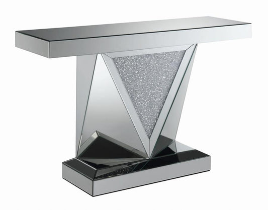 Gunilla Rectangular Sofa Table with Triangle Detailing Silver and Clear Mirror