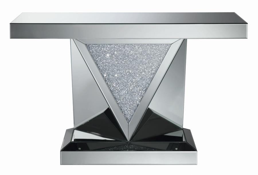 Gunilla Rectangular Sofa Table with Triangle Detailing Silver and Clear Mirror