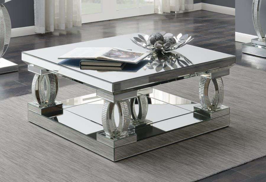 Amalia Square Coffee Table with Lower Shelf Clear Mirror