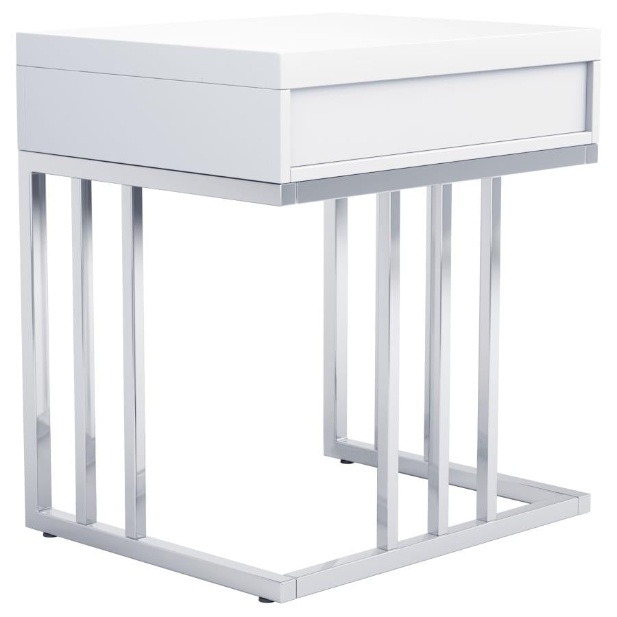 Dalya 1-drawer Rectangular End Table Glossy White and Chrome