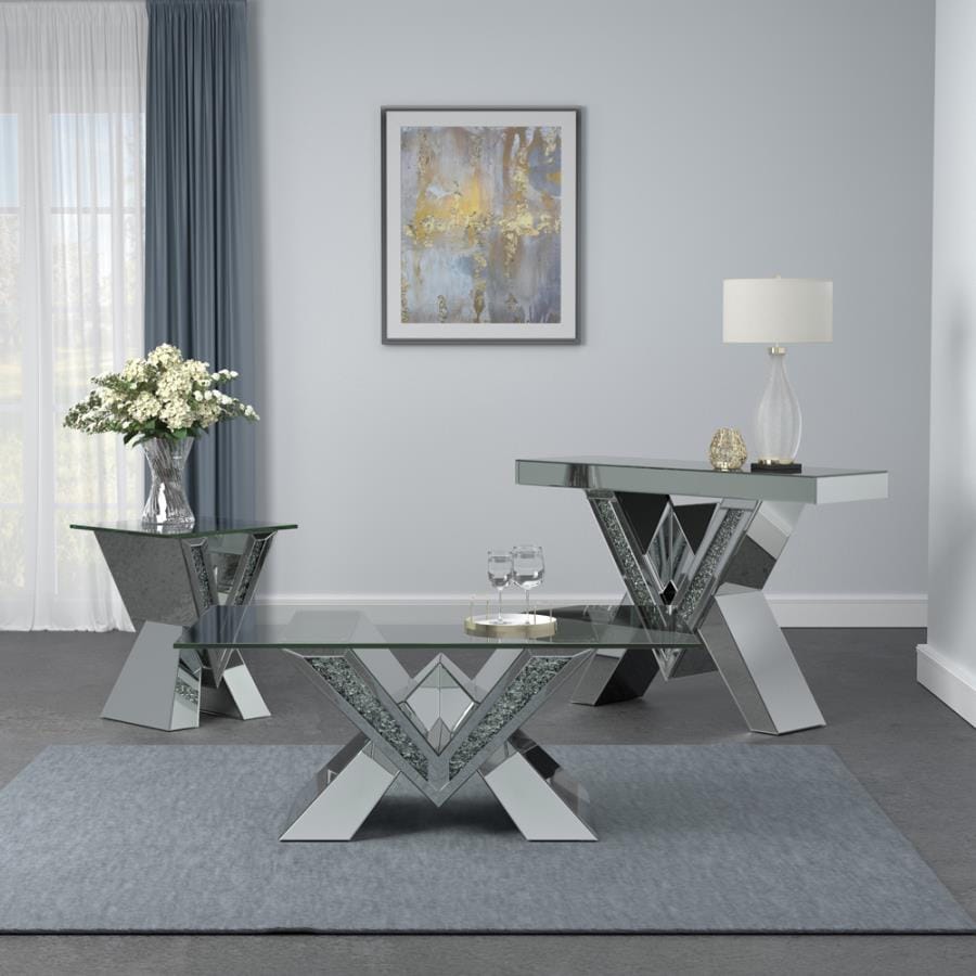 Taffeta V-shaped End Table with Glass Top Silver