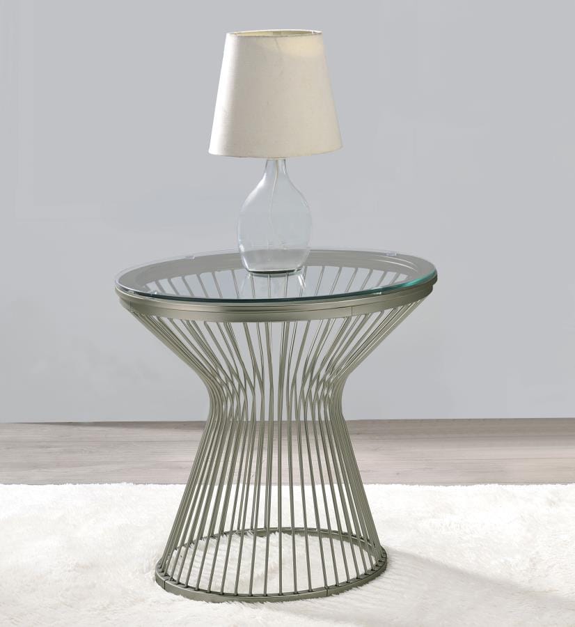 Mandy Round Glass Top End Table Satin Grey