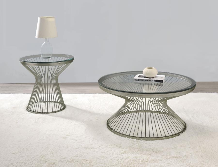 Mandy Round Glass Top End Table Satin Grey