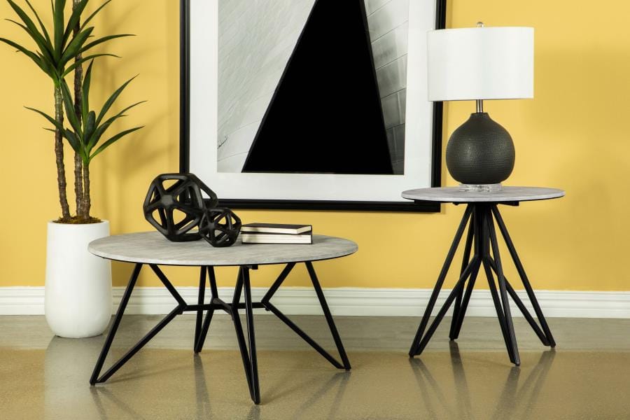 Hadi Round End Table with Hairpin Legs Cement and Gunmetal