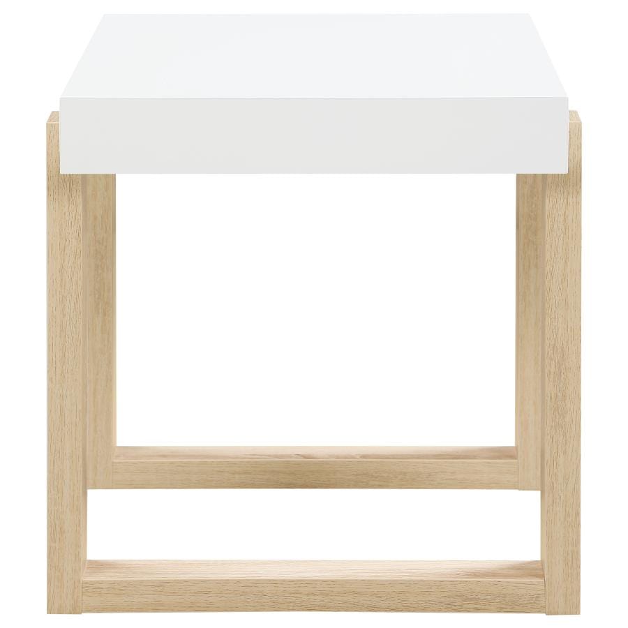 Pala Rectangular End Table with Sled Base White High Gloss and Natural