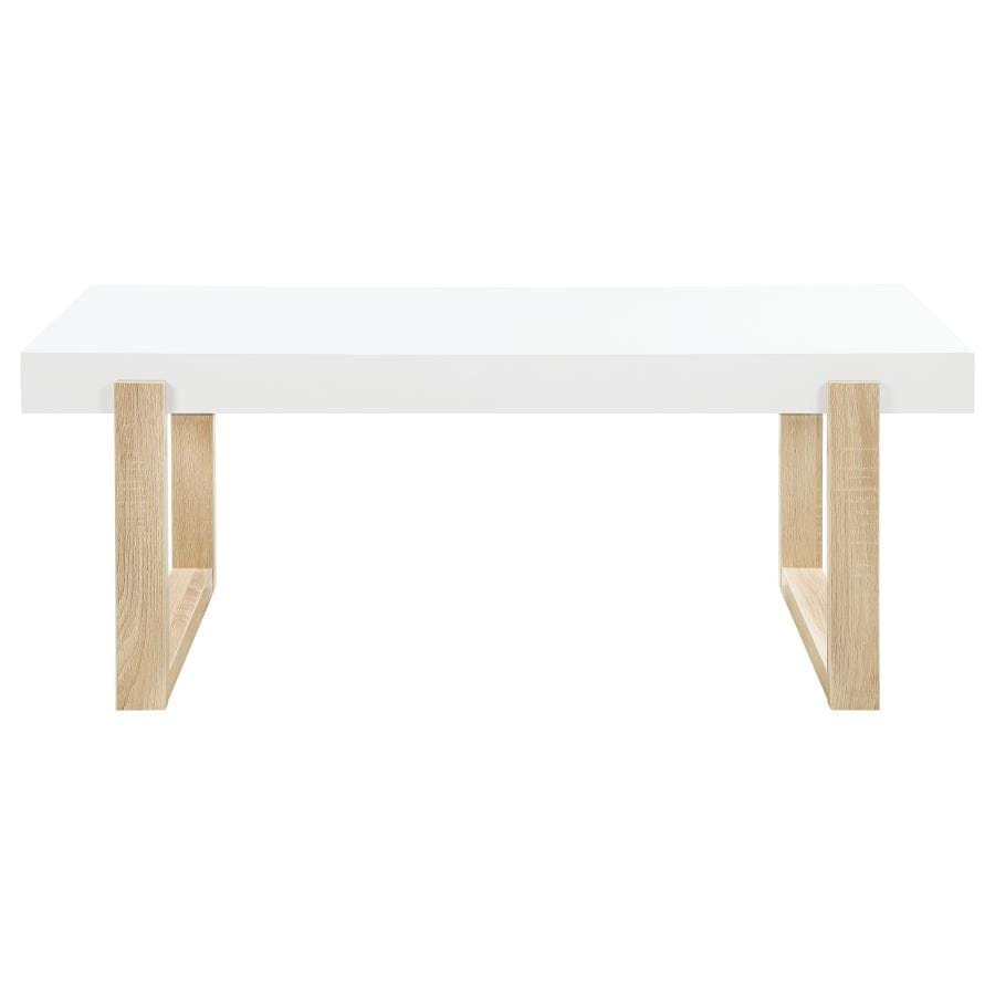 Pala Rectangular Coffee Table with Sled Base White High Gloss and Natural