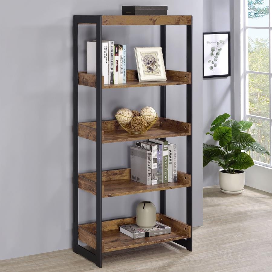 Estrella 4-shelf Bookcase Antique Nutmeg and Gunmetal