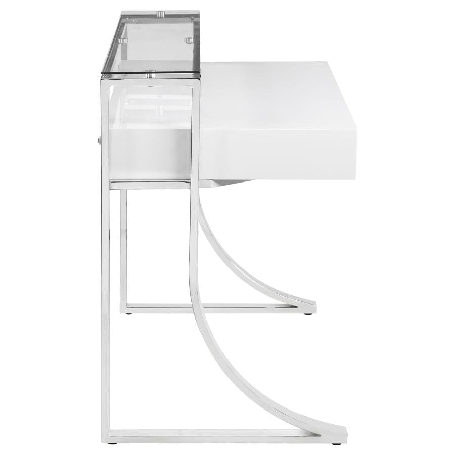 Gemma 2-drawer Writing Desk Glossy White and Chrome