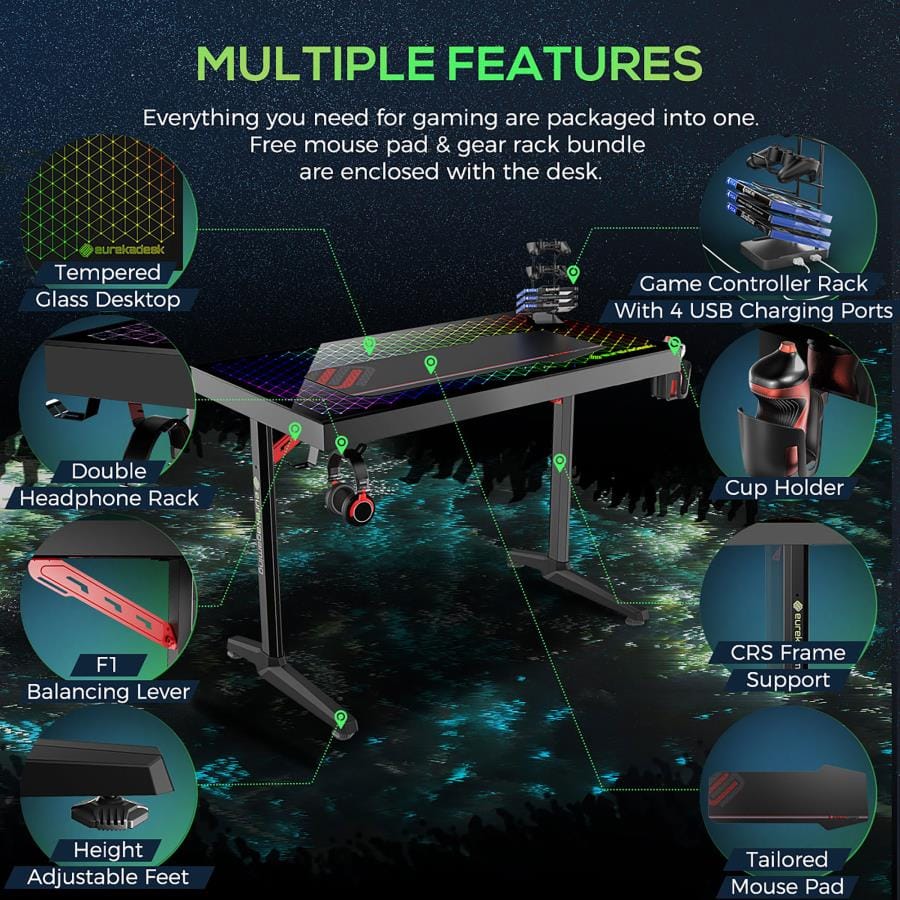 Avoca Tempered Glass Top Gaming Desk Black