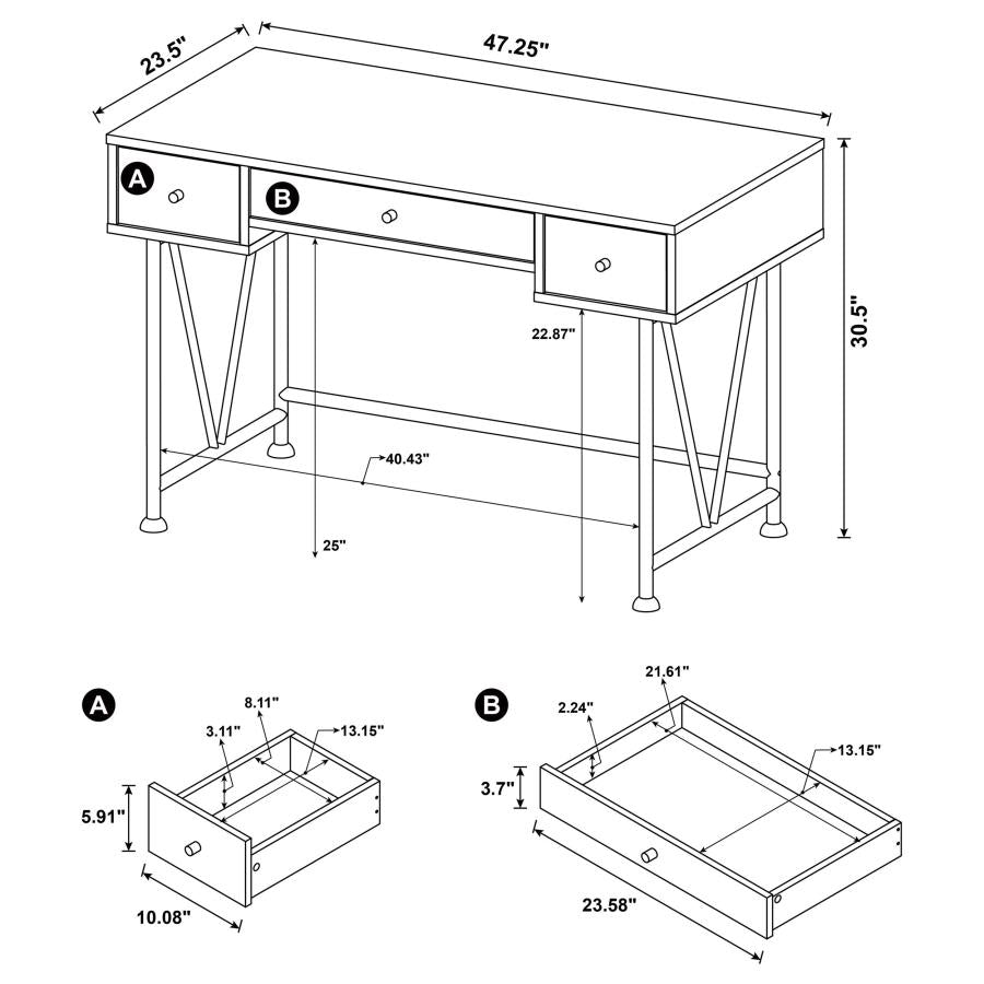 Analiese 3-drawer Writing Desk Rustic Oak and Black