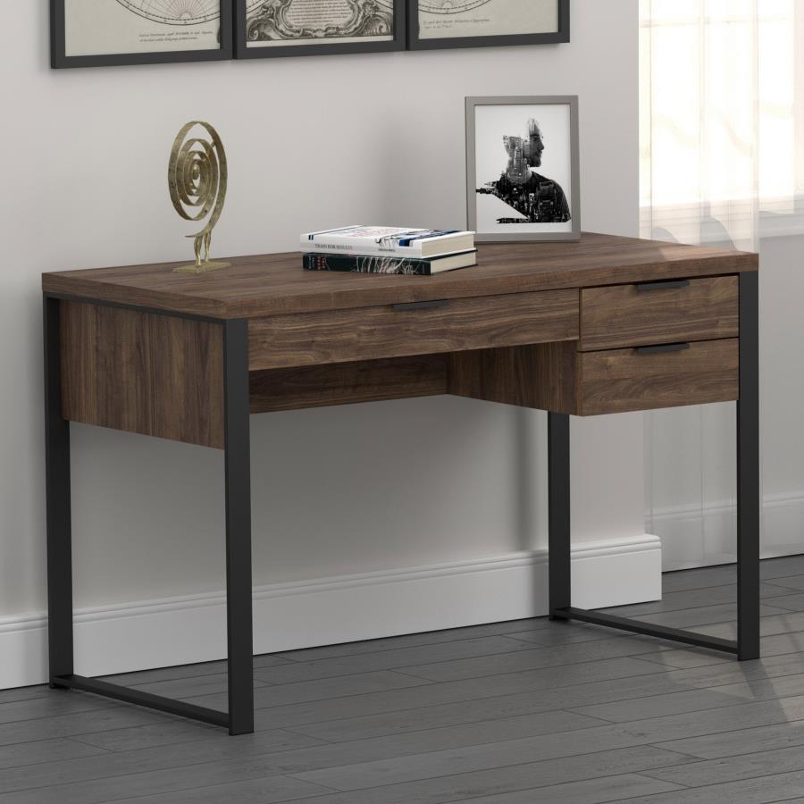 Pattinson 3-drawer Writing Desk Aged Walnut and Gunmetal