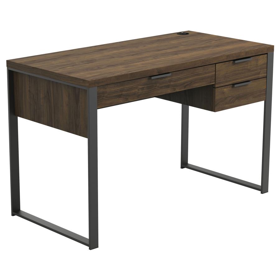 Pattinson 3-drawer Writing Desk Aged Walnut and Gunmetal