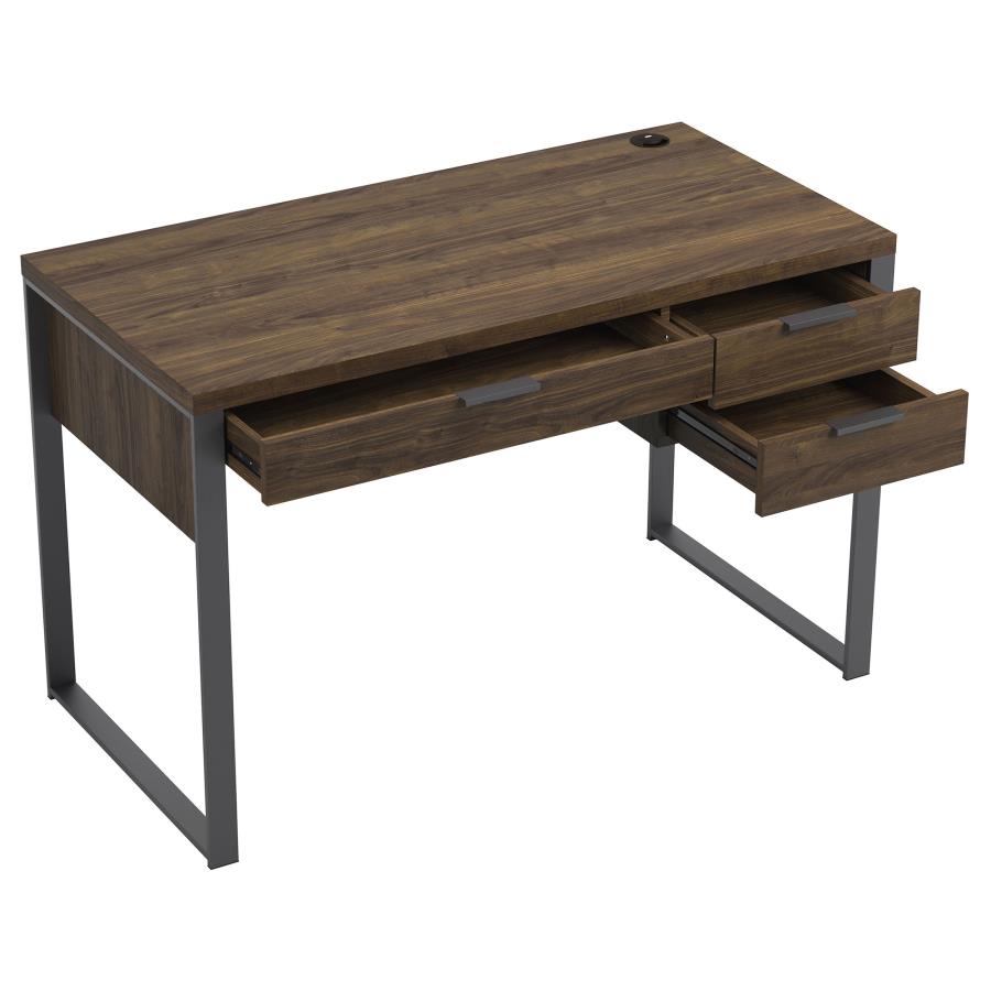 Pattinson 3-drawer Writing Desk Aged Walnut and Gunmetal