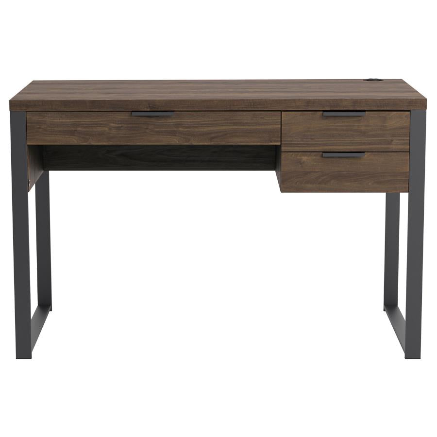 Pattinson 3-drawer Writing Desk Aged Walnut and Gunmetal