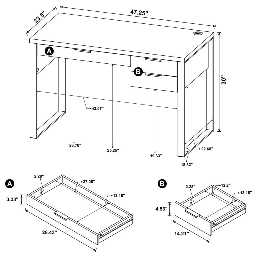 Pattinson 3-drawer Writing Desk Aged Walnut and Gunmetal