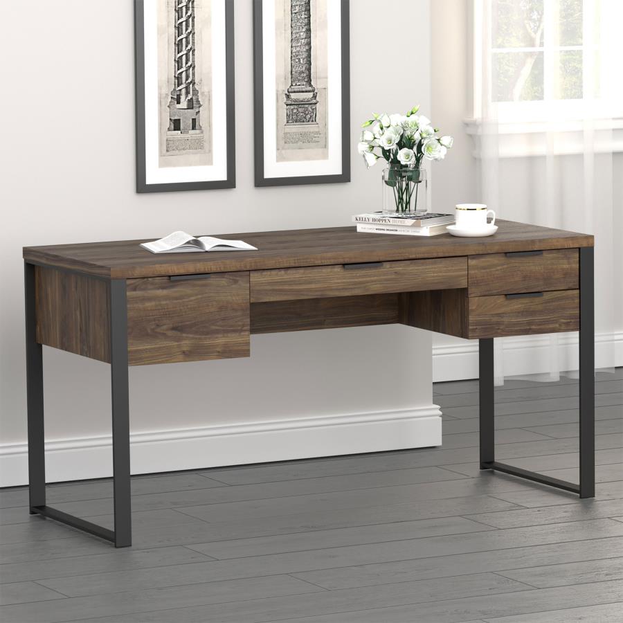 Pattinson 4-drawer Writing Desk Aged Walnut and Gunmetal