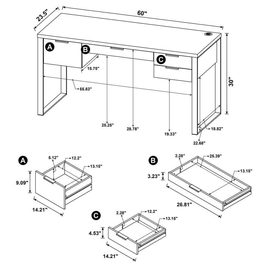 Pattinson 4-drawer Writing Desk Aged Walnut and Gunmetal