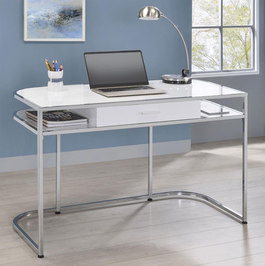 Ember 1-drawer Writing Desk White High Gloss and Chrome