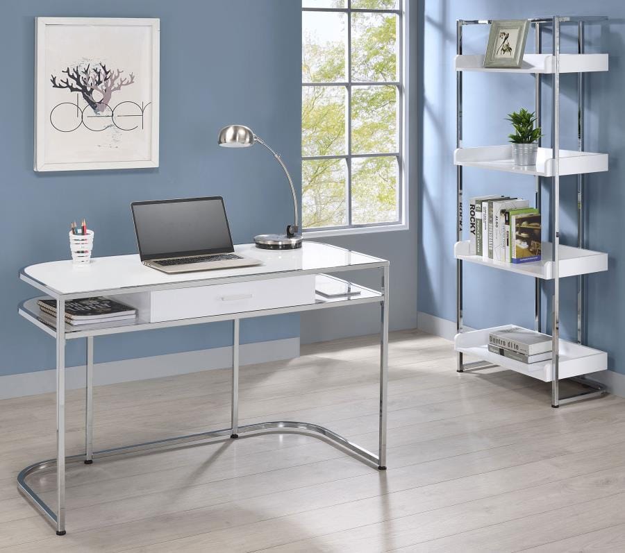 Ember 1-drawer Writing Desk White High Gloss and Chrome