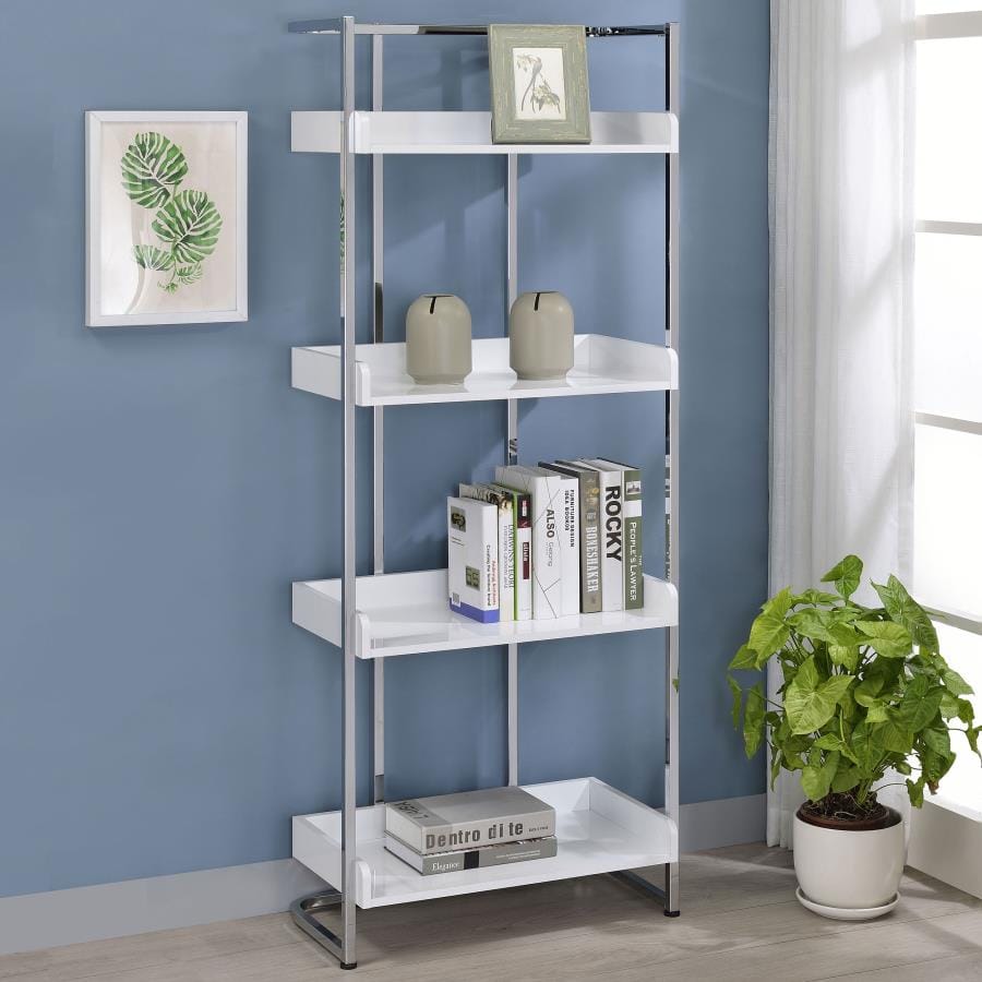 Ember 4-shelf Bookcase White High Gloss and Chrome