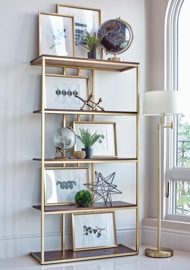 4-tier Metal Frame Bookcase Matte Brass and Cherry