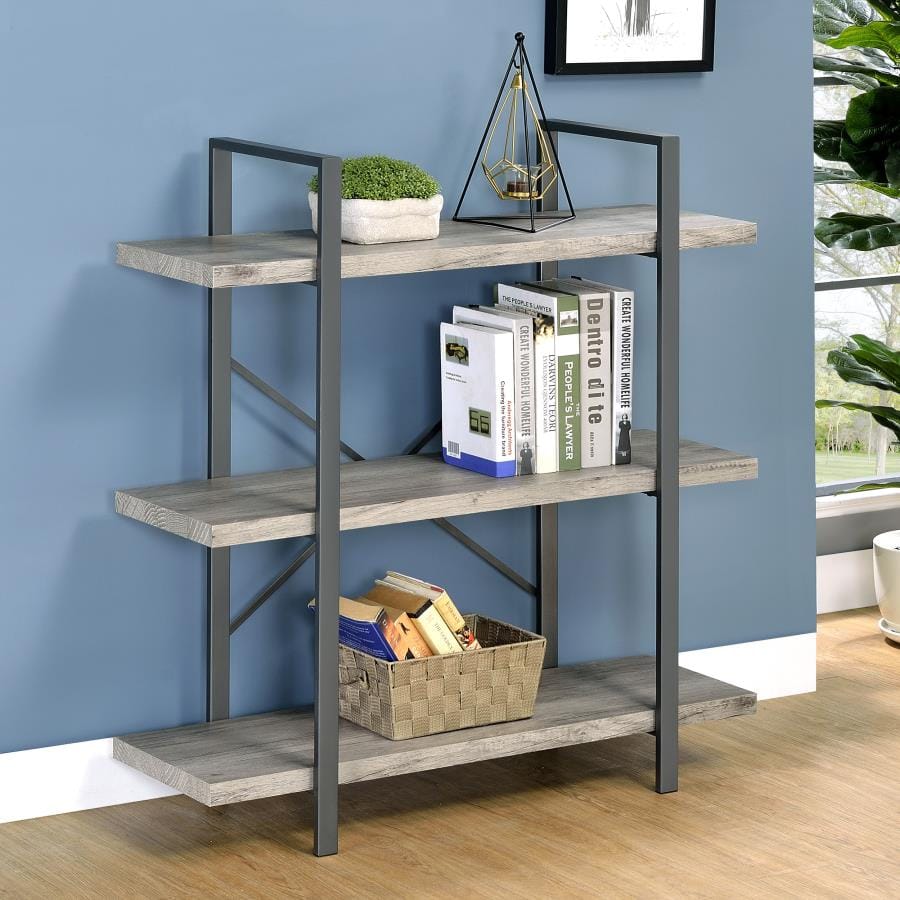 Cole 3-Shelf Bookcase Grey Driftwood and Gunmetal