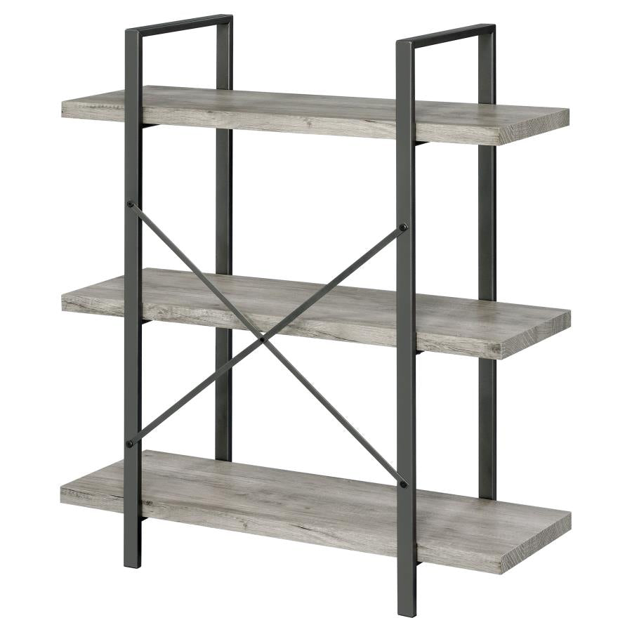 Cole 3-Shelf Bookcase Grey Driftwood and Gunmetal